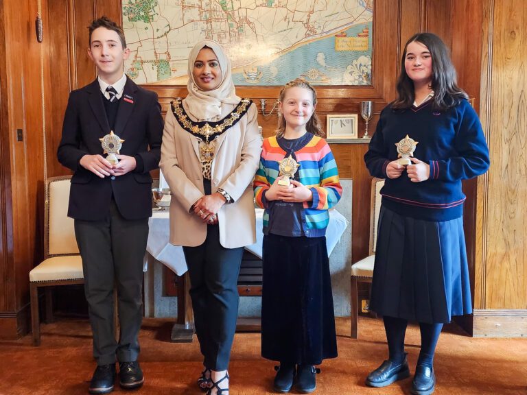 (left to right) The design competition award winners - Oliver Seeds (finalist), Mayor of Worthing, Cllr Henna Chowdhury, Freya Ben