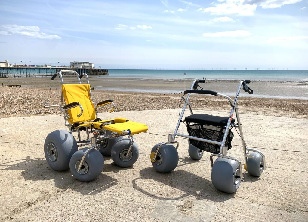 The child's beach wheelchair and all-terrain rollator pictured on Worthing Beach